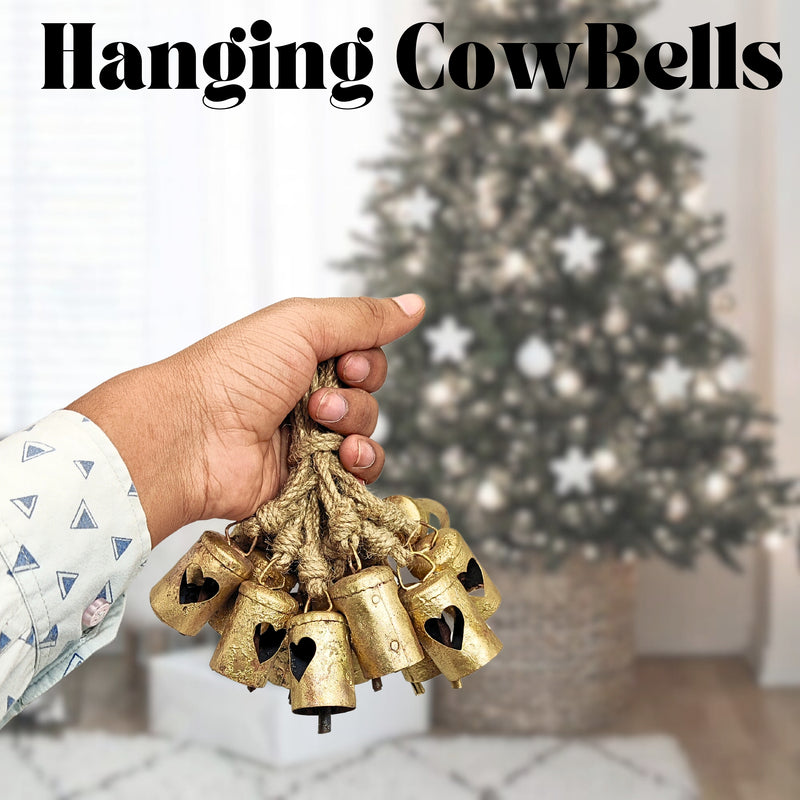 Handmade Rustic Christmas Hanging Jingle Bells, Brass Coated Country Style bells with Jute Rope