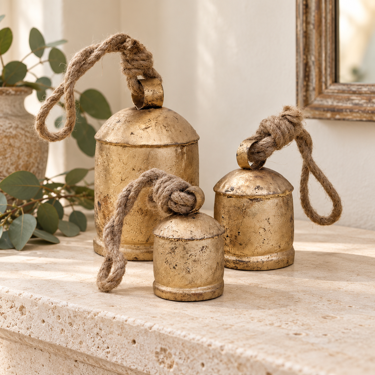 Petite Rustic Bells — Set of 3 with a rustic gold-tone finish and natural jute ropes