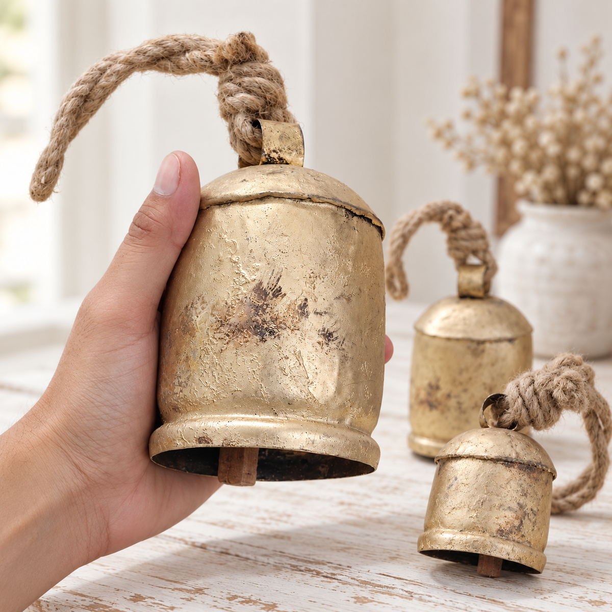 Petite Rustic Bells — Set of 3 with a rustic gold-tone finish and natural jute ropes