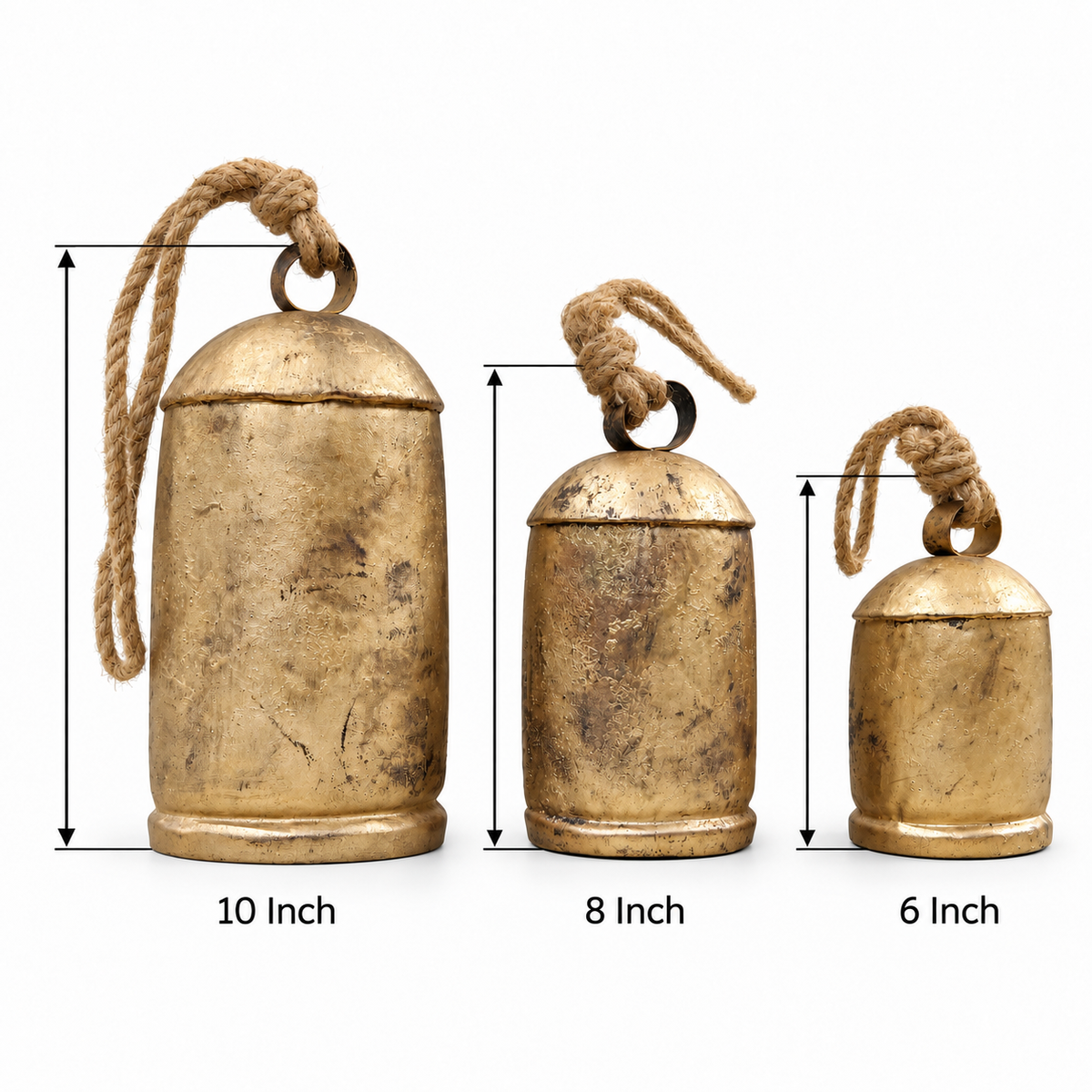 Large Rustic Bells — Set of 3 with a rustic gold-tone finish and natural jute ropes