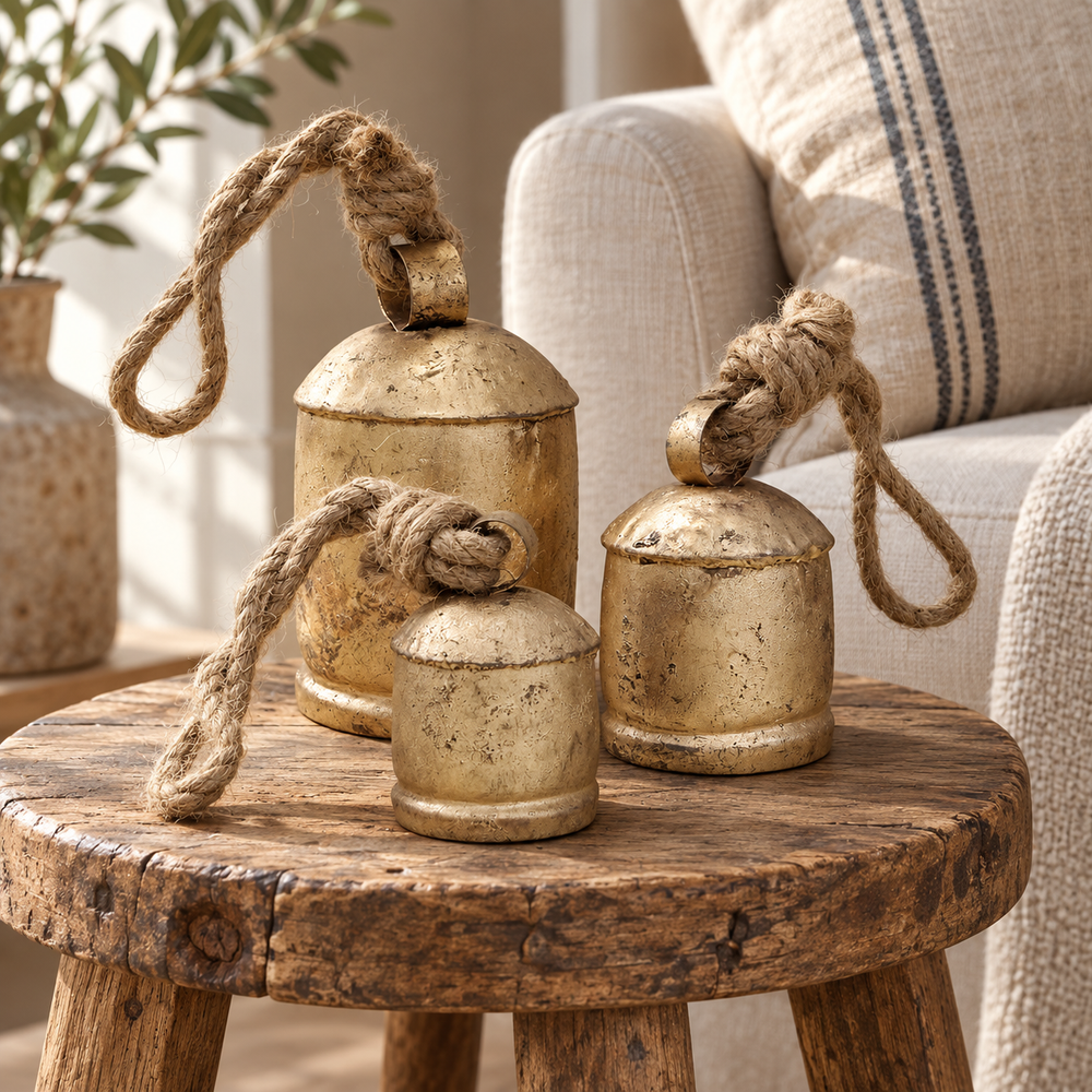 Petite Rustic Bells — Set of 3 with a rustic gold-tone finish and natural jute ropes