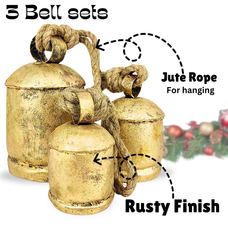 Handmade Vintage Decorative Cow Bell with Jute Hanging Rope, Set of 3 ...