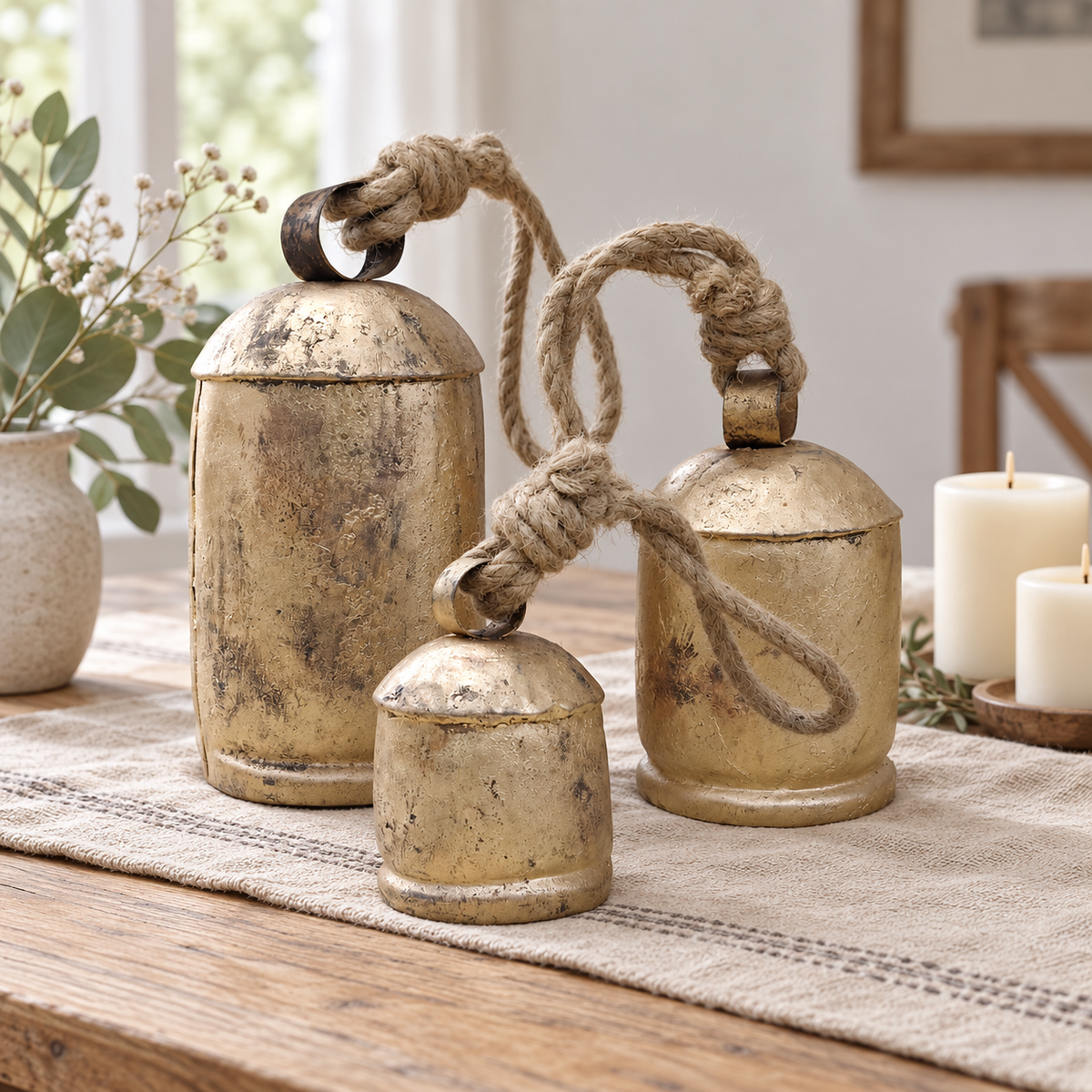 Graduated Rustic Bells — Set of 3 with a rustic gold-tone finish and natural jute ropes