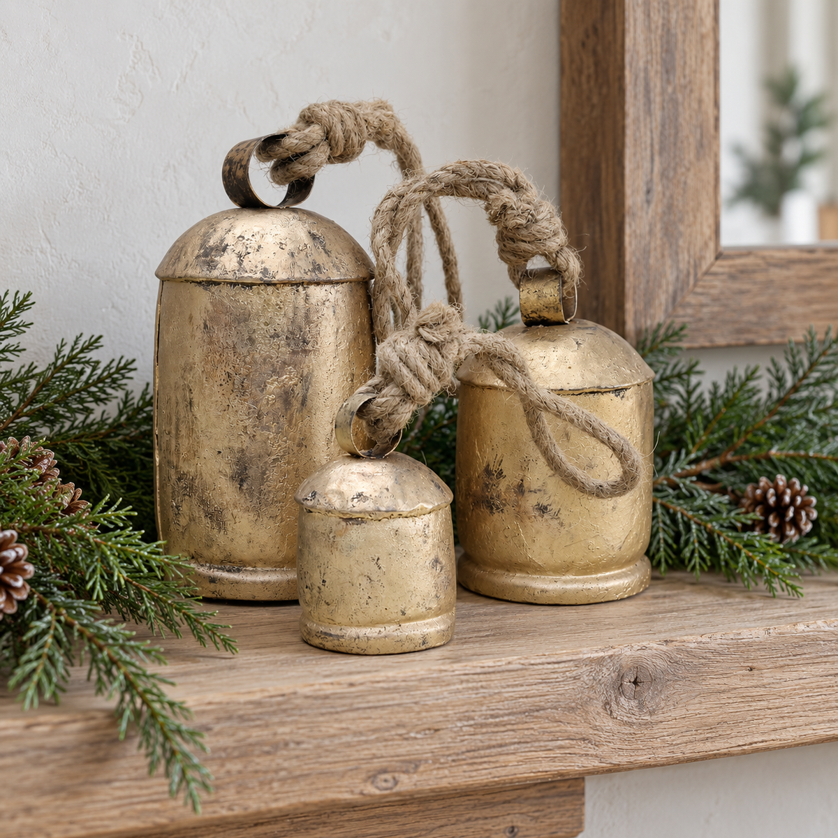 Rustic bell trio with baked brass finish and jute ropes beside seasonal greenery on a mantel
