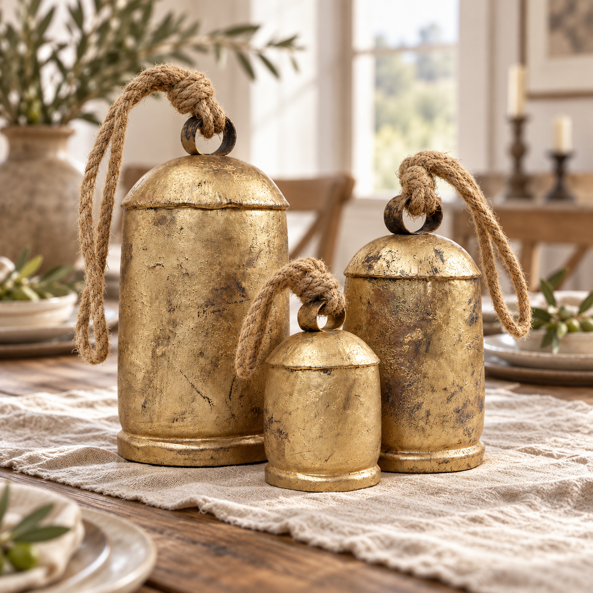 Large Rustic Bells — Set of 3 with a rustic gold-tone finish and natural jute ropes