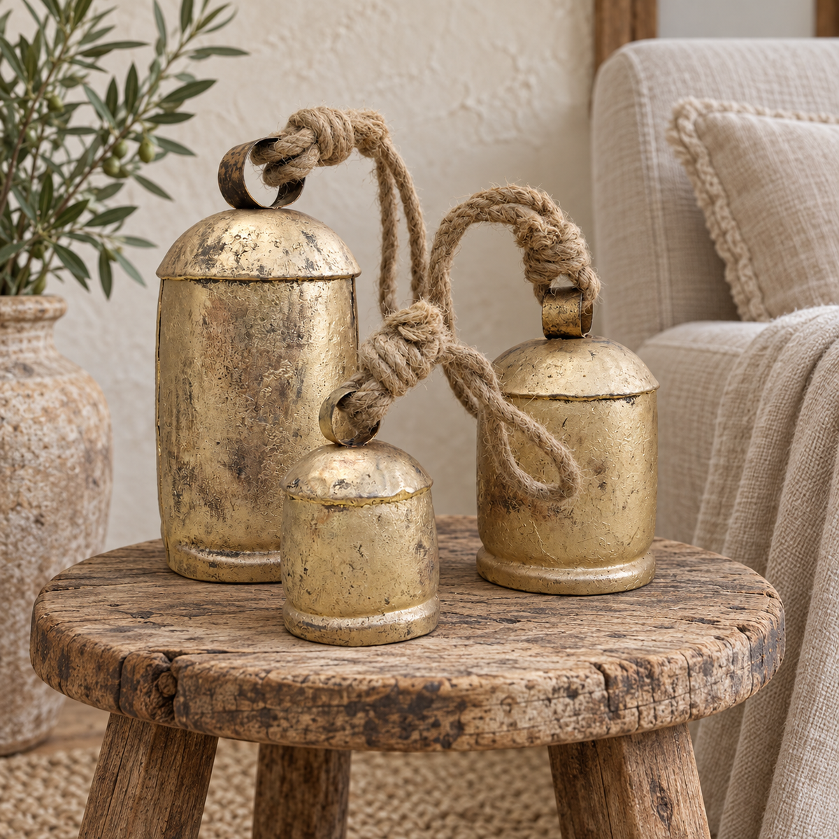Graduated Rustic Bells — Set of 3 with a rustic gold-tone finish and natural jute ropes