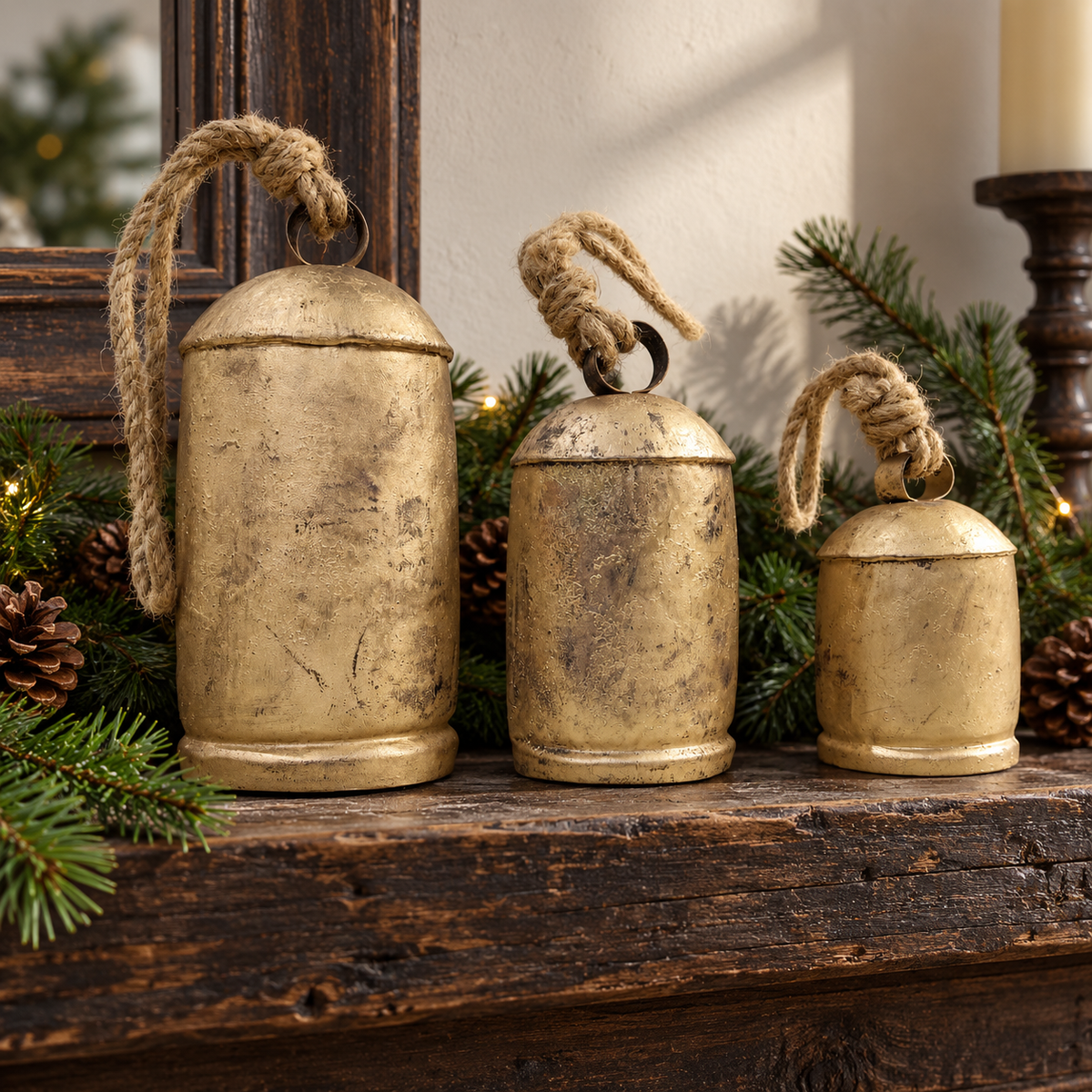 Large Rustic Bells — Set of 3 with a rustic gold-tone finish and natural jute ropes
